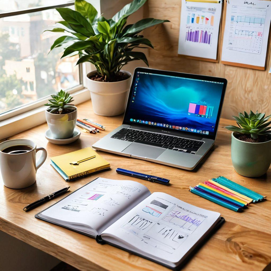 An open laptop on a wooden desk with a beautifully designed digital diary displayed on the screen, stacked with colorful stationery, coffee cup, and a plant beside it. Include soft lighting to create a cozy atmosphere. In the background, display subtle hints of sketches, charts, and dollar signs to represent monetization ideas. rich colors. modern style.