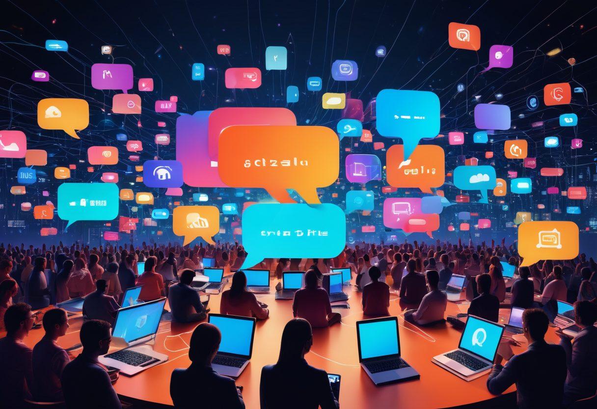 An expansive digital landscape depicting a diverse group of people connecting through various devices, illustrating community building in the blogosphere. Vibrant speech bubbles showcasing different blog themes hover around, symbolizing growth and engagement. The background features an array of visual elements representing various social media platforms. The overall scene conveys a sense of collaboration and dynamism in a modern, tech-driven environment. vibrant colors. digital art. 3D.
